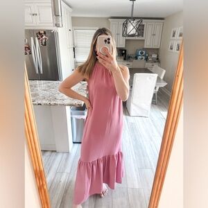 Ryegrass Pink Halter Tiered Midi Dress Sleeveless Ruffle Hem Size S NWT